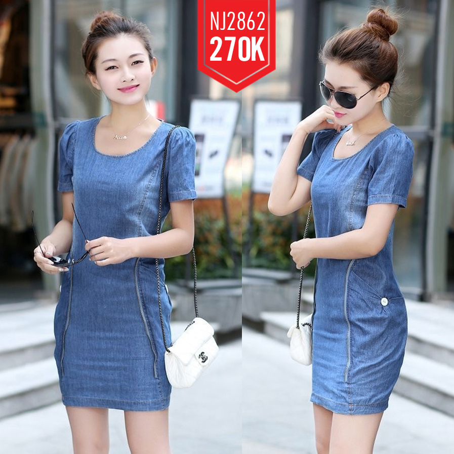 ĐẦM JEAN SUÔNG CỔ TRÒN HAI TÚI HÔNG ĐÍNH NÚT